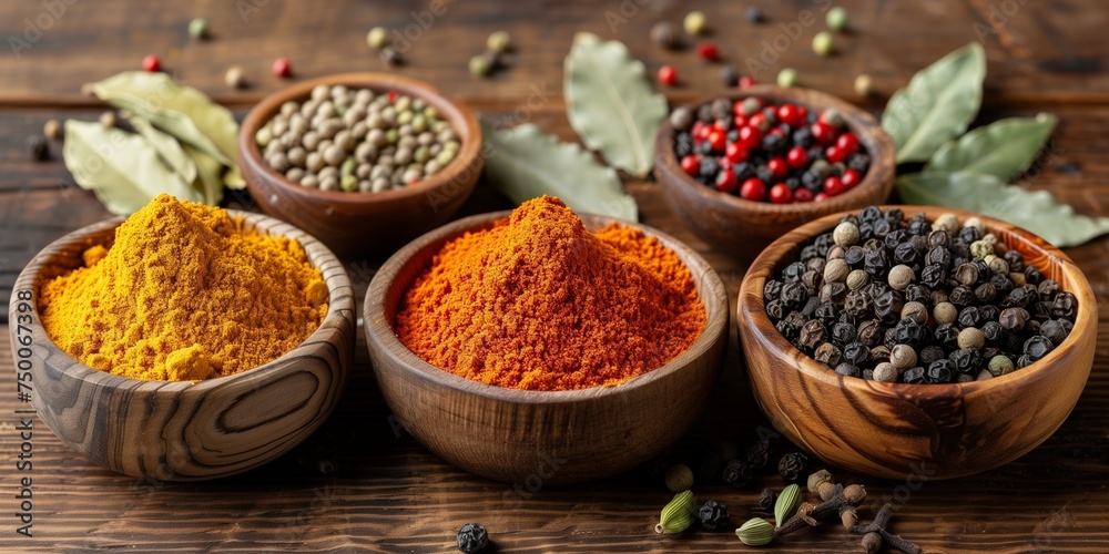 healthy spices: ground cardamom, paprika, turmeric, in small wooden bowls, bay leaf, black pepper on a wooden table