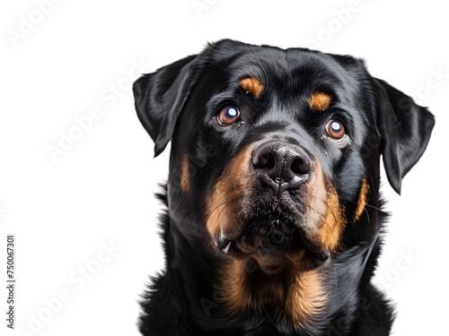 Portrait of a cute black Rottweiler puppy sitting on a white background © korawik