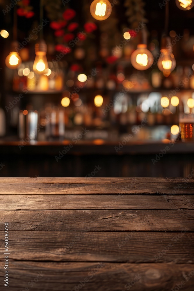 Empty wooden table overlooking a dark blurry defocused cafe bar room to present your product.