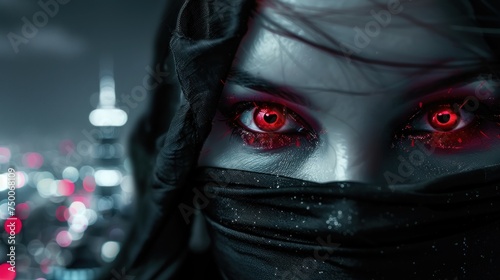 A mysterious and dangerous female ninja with a red-eyed face covering AI generated image