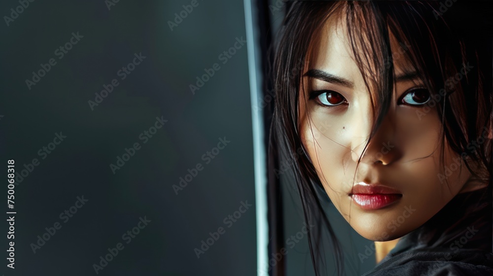 Model view of beautiful asian woman with traditional samurai sword copy space AI generated image Model view of beautiful asian woman with traditional samurai sword copy space AI generated image