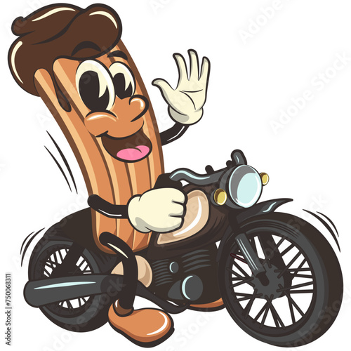 vector isolated clip art illustration of churro cartoon mascot riding a big motorcycle, work of handmade