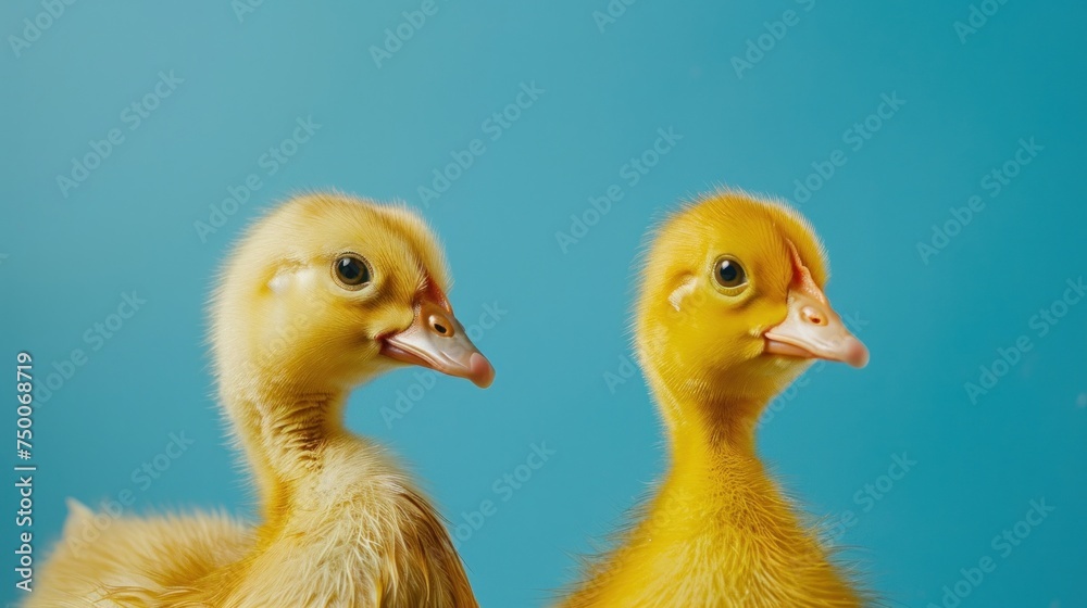 Concept of two cute ducklings facing right on a blue background AI generated image Concept of two cute ducklings facing right on a blue background AI generated image