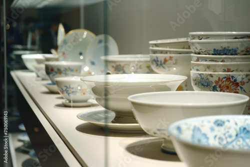 Elegant Ceramic Dinnerware Display On Modern Shelf © artem