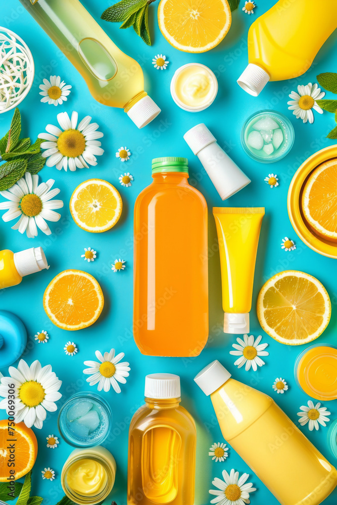 Citrus Bliss: Vibrant Body Care Products and Fresh Citrus on Aqua Background Citrus Bliss: Vibrant Body Care Products and Fresh Citrus on Aqua Background