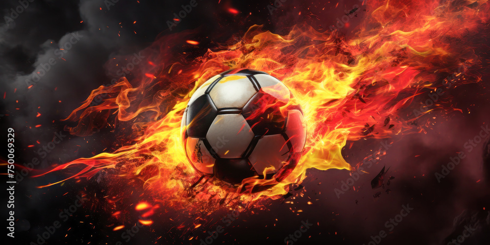 Fototapeta premium Burning soccer ball in the flames with the black, red and yellow Germany flag colors. Concept of 2024 UEFA European Football Championship, UEFA Euro 2024.