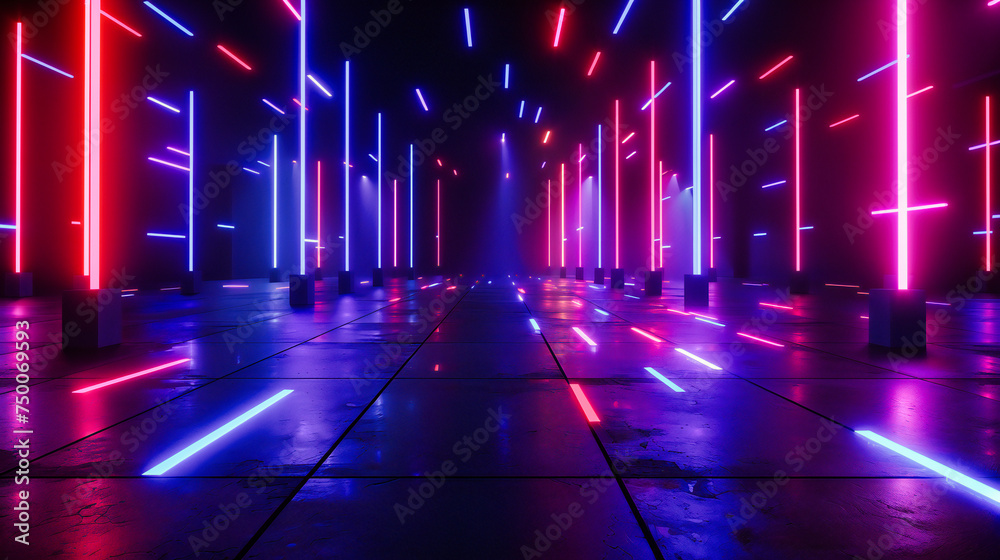 Neon-lit futuristic tunnel, modern design and technology concept, abstract glowing lights and architecture