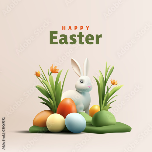Happy Easter greeting card with 3d render Easter eggs and bunny and orange flowers, egg hunting