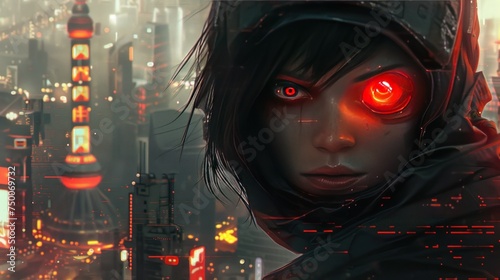 Cyborg female ninja character with mysterious glowing red eyes in city background AI generated image