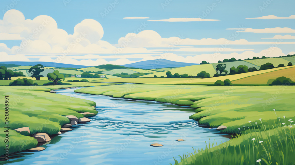River landscape with green fields and blue sky