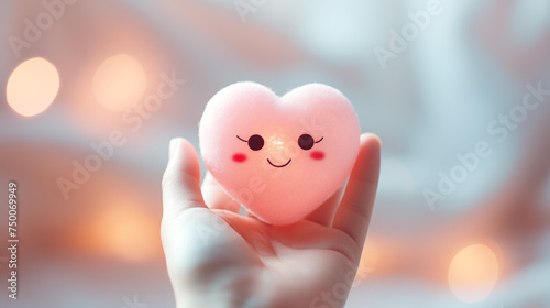 Hand Holding a Cute Plush Heart with a Happy Face