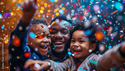  Portrait of dad and sons African Americans happy hugging together under confetti rain on birthday party. They smiling and laughing at camera. Family values, childhood time and party concept photo