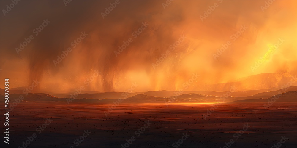 Majestic Martian landscape: red sands, Olympus Mons, shadows, dust storm at sunset. Concept Mars Exploration, Red planet landscape, Olympus Mons, Martian Shadows, Dust Storm at Sunset
