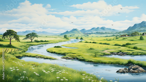 River landscape with green fields and blue sky