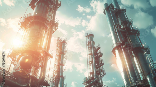 view from the ground up of towering silver industrial distillation columns at a petrochemical plant with a sunlit blue sky in the background.