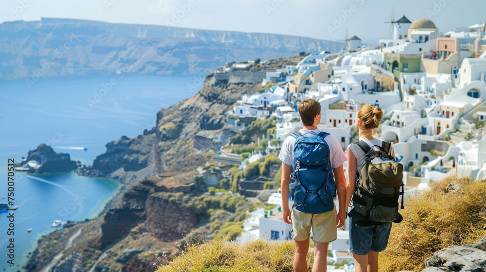 Hikers overlooking the caldera from Santorini, white buildings contrasting the blue sea - obrazy, fototapety, plakaty 