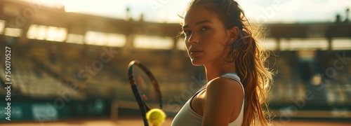 Professional female tennis player in action at the stadium, the afternoon sun highlighting her focus and precision with the racket.