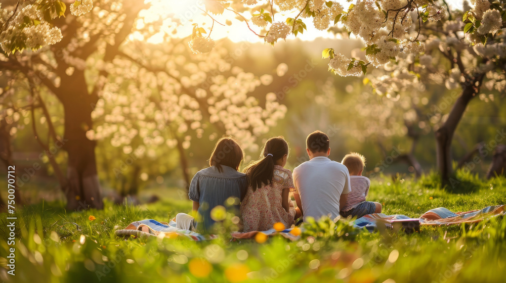 Family Enjoying a Peaceful Picnic Under Blossoming Spring Trees
