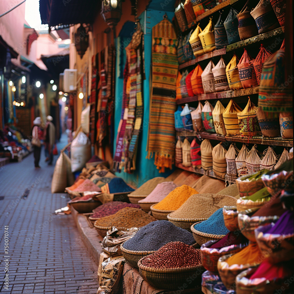 Lively markets of Marrakech, spices and textiles adding color to the scene