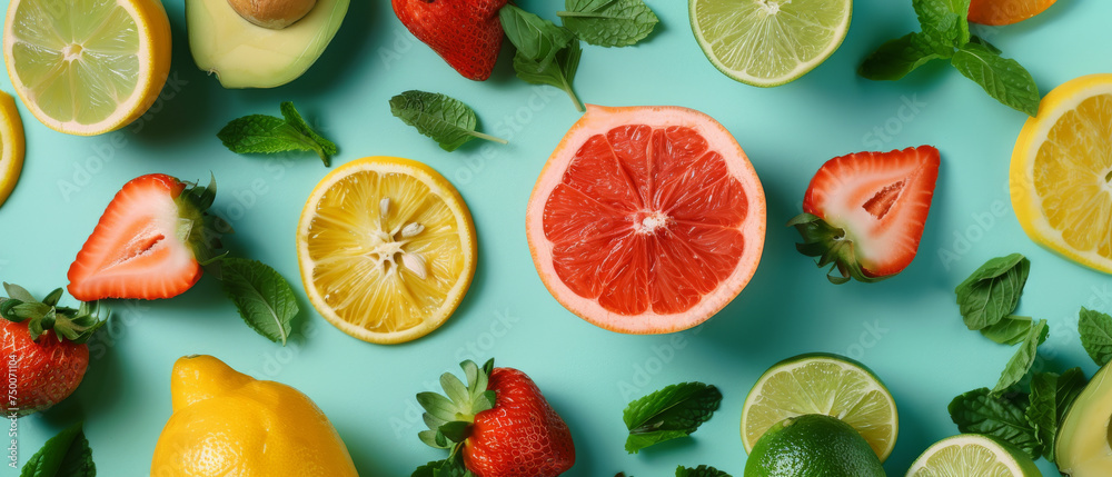 Fresh Citrus and Berries with Mint on a Turquoise Background Fresh Citrus and Berries with Mint on a Turquoise Background