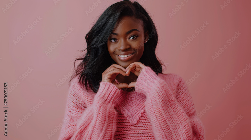 A woman in a pink knitted sweater makes a heart shape with her hands, smiling warmly in a studio setting with a matching pink background. A woman in a pink knitted sweater makes a heart shape with her hands, smiling warmly in a studio setting with a matching pink background.