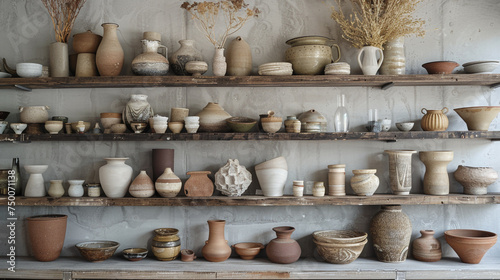 A curated selection of artisanal ceramics displayed on open shelves, each piece a testament to the beauty of handmade craftsmanship.
