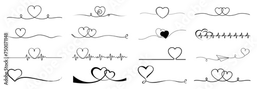 Continuous line art heart shapes set. Love romantic banners