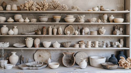 A curated selection of artisanal ceramics displayed on open shelves, each piece a testament to the beauty of handmade craftsmanship.