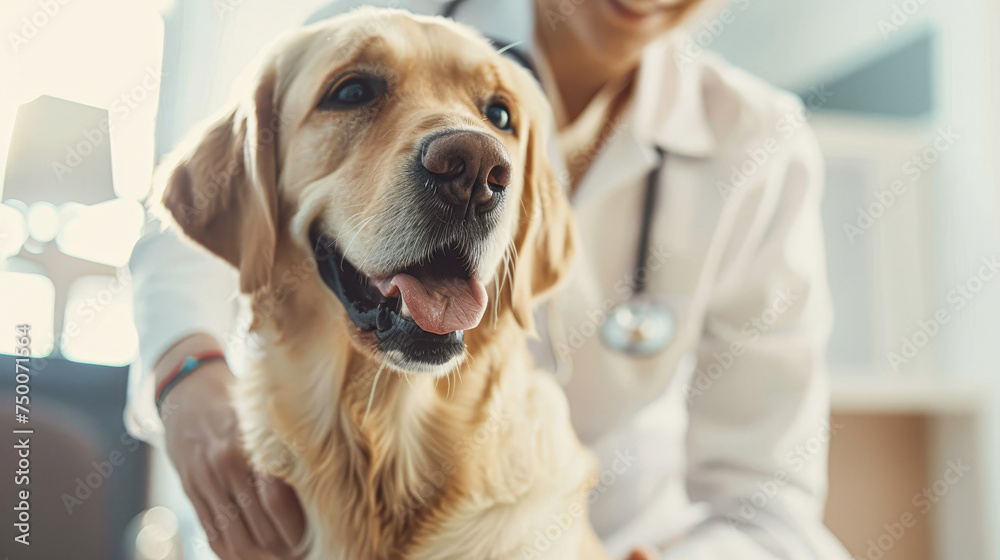 A woman is petting a dog in a white coat. The dog is smiling and he is happy