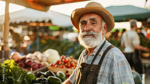 A man with a straw hat stands in front of a vegetable stand. He is smiling and he is happy