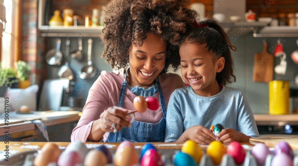 Happy african american family. Mother and daughter to decorate Easter eggs while sitting in kitchen. Easter craft activities for families. Happy african american family. Mother and daughter to decorate Easter eggs while sitting in kitchen. Easter craft activities for families.