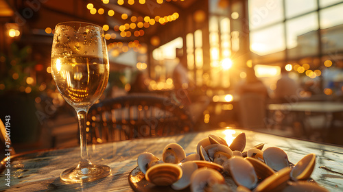 A glass of white wine with pistachios on a table during a warm sunset at a cozy outdoor bistro. 