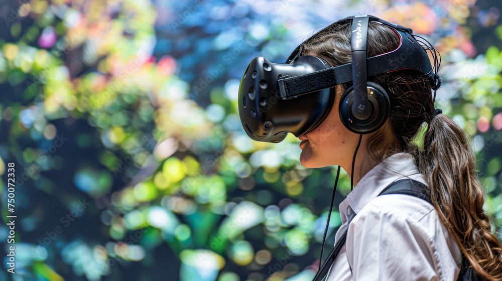 Obraz premium A woman wearing a virtual reality headset is looking at a green forest. The scene is bright and lively, with the woman's smile indicating that she is enjoying the experience