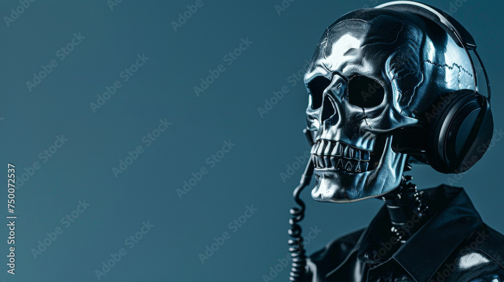 A skeleton wearing headphones and a black shirt. The skull is holding a cord and he is listening to music A skeleton wearing headphones and a black shirt. The skull is holding a cord and he is listening to music