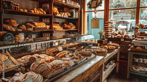 A bakery with a variety of breads and pastries on display. The atmosphere is warm and inviting, with a sense of abundance and variety photo