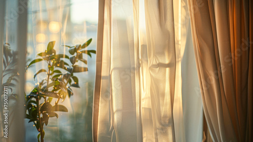 A plant is sitting in front of a window with white curtains. The curtains are open  letting in the sunlight and creating a warm and inviting atmosphere