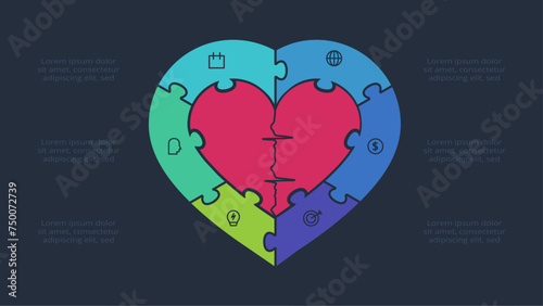 Puzzle infographic with 6 elements, presentations, vector illustration. Template for web on a black background.