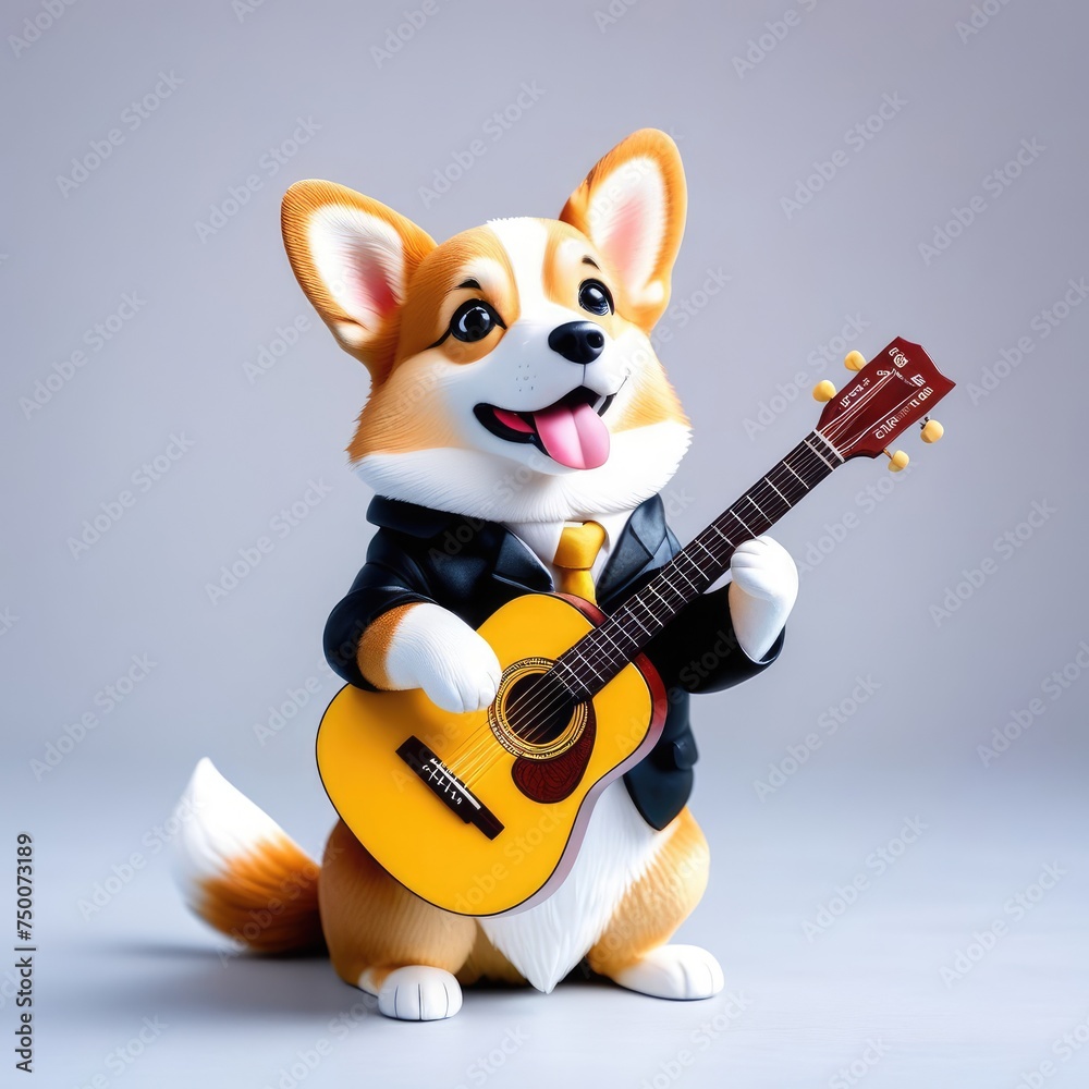 3d dog with a guitar. Corgi dog plays a wooden guitar. pastel colors, soft edges, smooth, delicate light background, hazy, soft. 3d dog with a guitar. Corgi dog plays a wooden guitar. pastel colors, soft edges, smooth, delicate light background, hazy, soft.