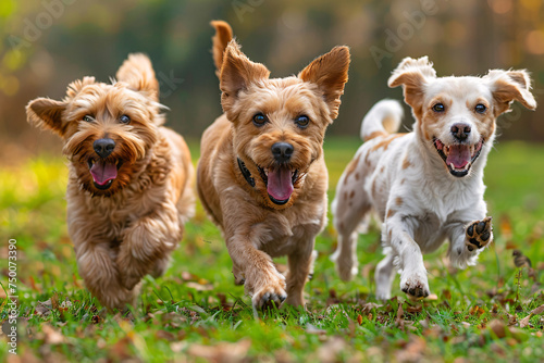 Three cute dogs running outside