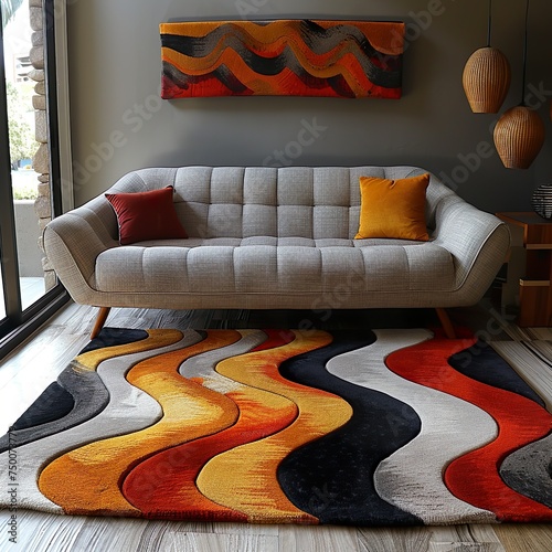 Sala de estar com tapete colorido, soá com capa de pano colorida, abajur e planta photo