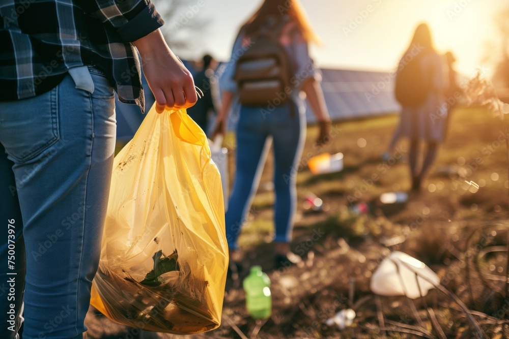 In the golden hour of sunset, volunteers gather for a community clean-up, one person in focus holding a yellow bag full of collected litter, a testament to environmental stewardship. - obrazy, fototapety, plakaty 