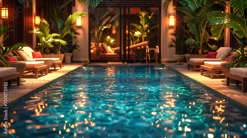 Nighttime Elegance at a Luxurious Pool, Tranquil Waters Reflecting the Serene Beauty of a Starlit Sky © NURA ALAM