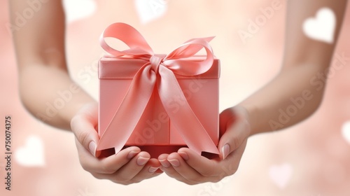 Hands holding elegant gift box with satin ribbon for christmas, birthdays, and special occasions