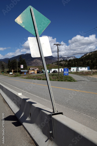Back of a green road sign and highway 12 - Lytton - British Columbia - Canada photo