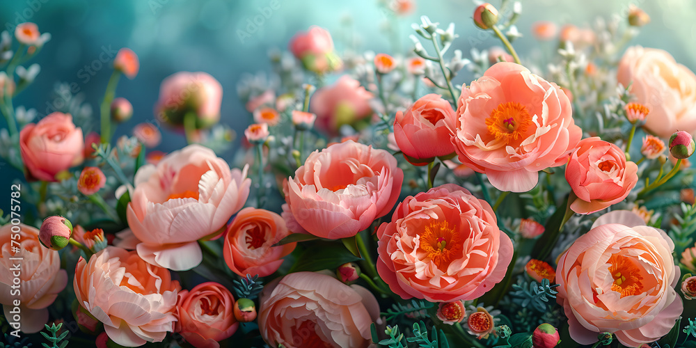 A lush array of pink peonies exudes elegance, with soft petals unfurling in light