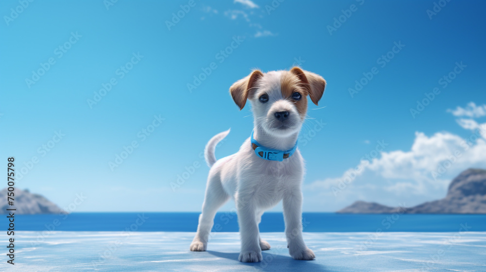 An eager pup, leash clenched firmly, poised on a soft blue backdrop, radiating readiness for an adventurous stroll.