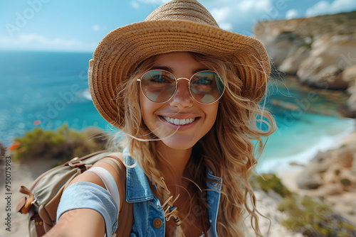 Radiant traveler captures a sunny beachside selfie, joy evident in her smile