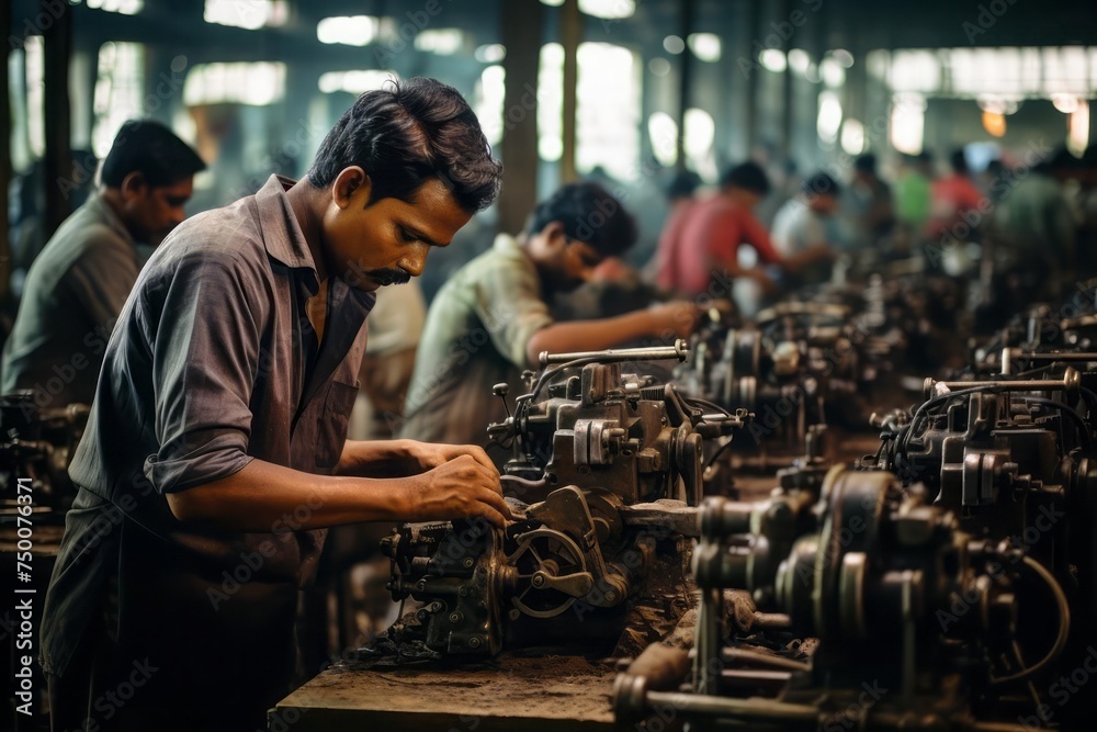 Male workers making spare parts for cars - obrazy, fototapety, plakaty 
