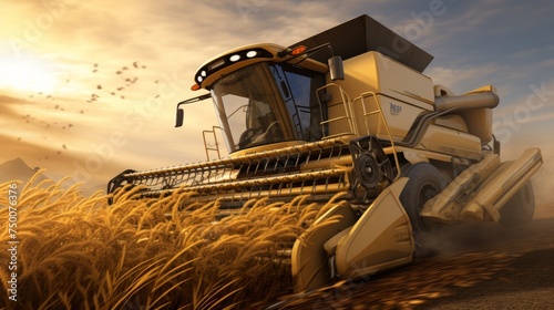 Golden harvest. modern combine harvesters threshing wheat in serene rural landscape photo