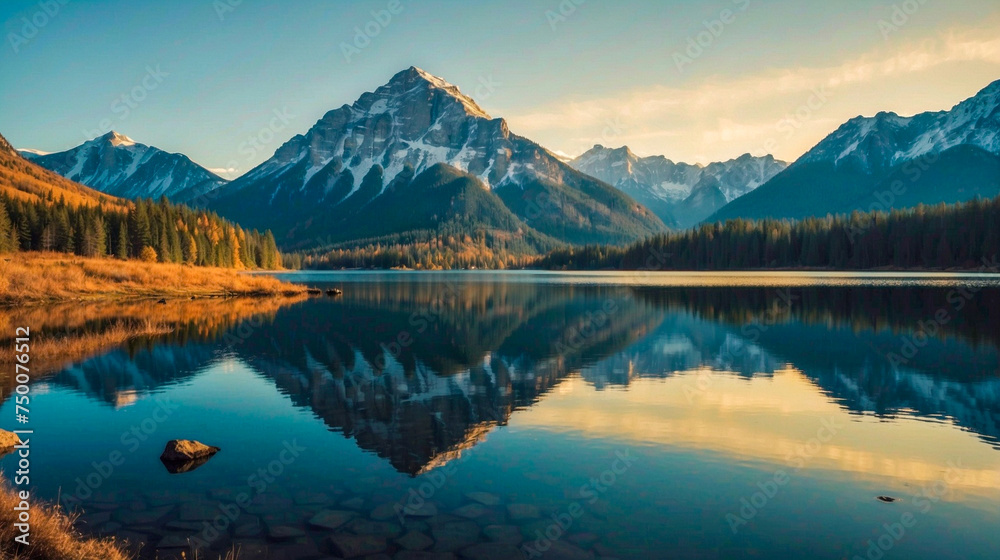A Breathtaking Panorama: Serene Lake Nestled Among Majestic Mountains 